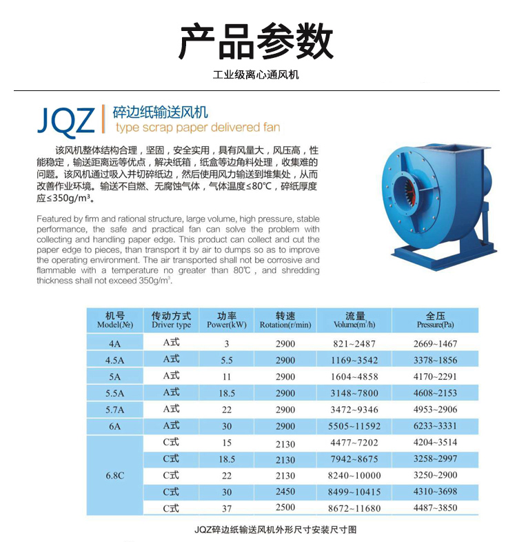 JQZ碎边纸输送风机产品参数